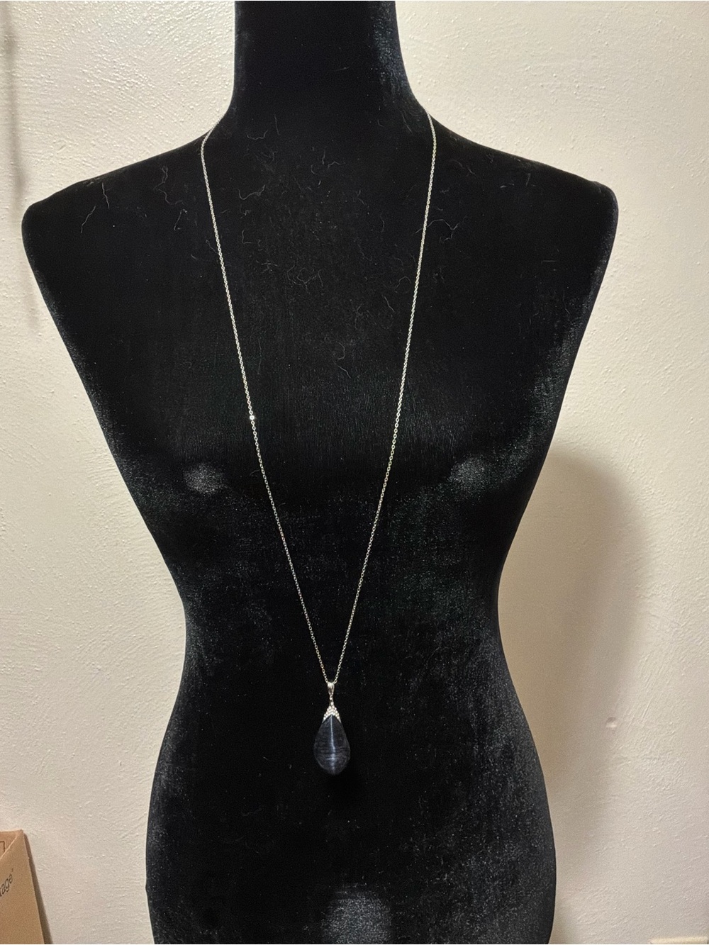 Elegant Long Necklace with Dark Blue Teardrop Pendant